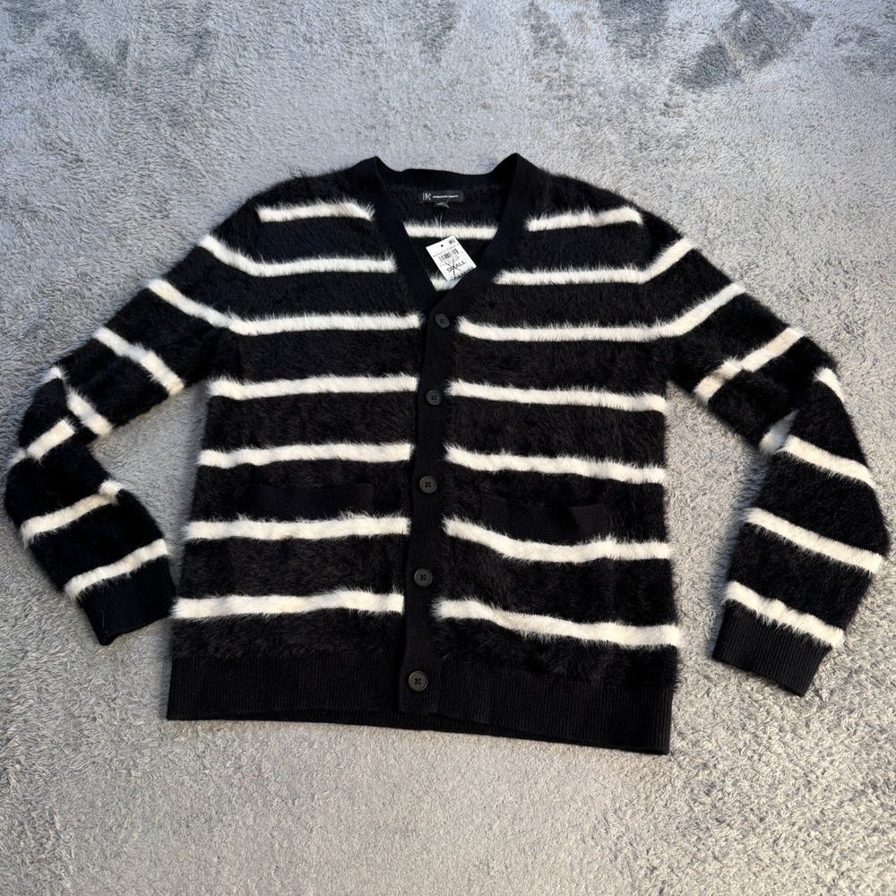 INC Womens Eyelash Knit Striped Cardigan Sweater Small Black White Fuzzy Cozy